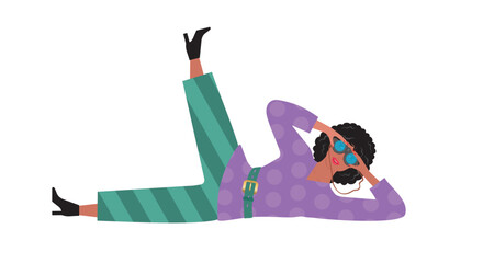 Cool girl lying down, stretching and looking through binoculars. Isolated. Vector illustration.
