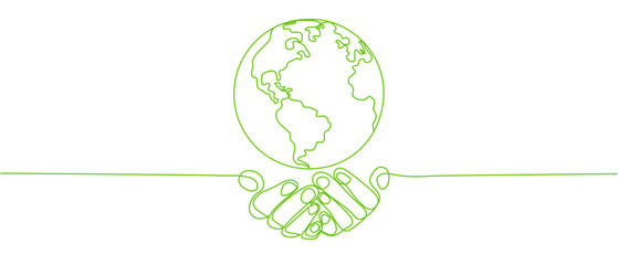 Happy earth day banner by green continuous single line drawing hands embracing the planet isolated on white background in concept of environment, ecology,  eco friendly symbol. Vector illustration 