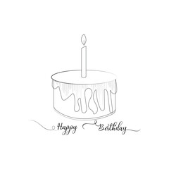 Birthday cake with candle on the top minimalist black linear sketch on white background. Vector illustration
