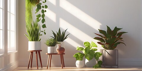 Variety of easy care and air purify indoor tropical house plants in white wall room with sunlight from window casting shadow on wood floor. home garden interior decoration background, Ai generative
