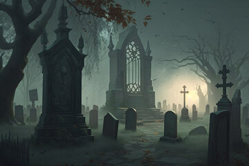 Graveyard Fantasy | A gothic graveyard with ancient tombstones and eerie mist. haunting atmosphere. the light setting creates a sense of mystery and foreboding. Ai.