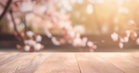 Naklejka na ściany i meble Empty Wooden Table for product with Blurred Sakura Flowers Bokeh Background