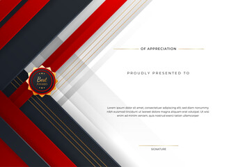 Red and black certificate of achievement border template with luxury badge and modern line pattern. For award, business, and education needs