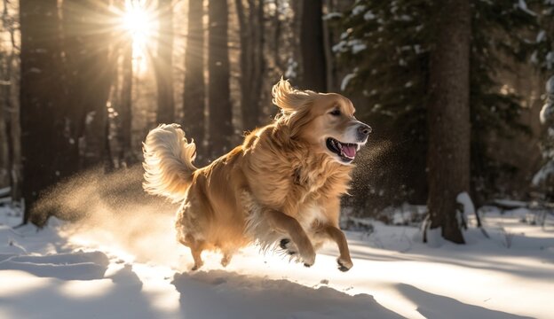 Energetic Golden Retriever dog running through a snowy field, Generative AI
