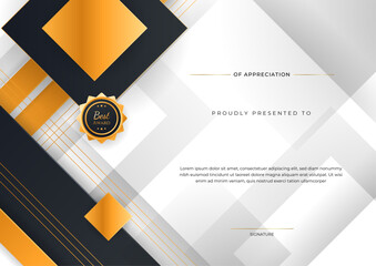 Certificate of appreciation template, orange and black color. Clean modern certificate with gold badge. Certificate border template with luxury and modern line pattern. Diploma vector template