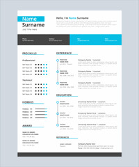 Modern one page business resume template design with blue color. Vector illustration.