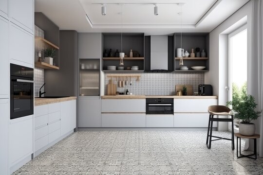 modern kitchen with a built-in stove and oven. Generative AI
