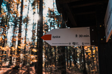 Mount Lysica, Poland - October 20, 2019 - Signpost at near Mount Lysica (Łysica) in Holy Cross Mountains (Góry Świętokrzyskie) 