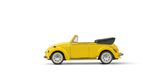Model of yellow retro toy car cabriolet on white background. Miniature car side view with copy space