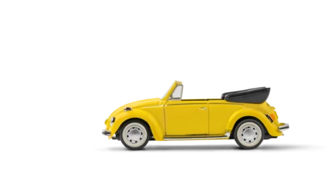 Foto op Plexiglas Model of yellow retro toy car cabriolet on white background. Miniature car side view with copy space © Soho A studio
