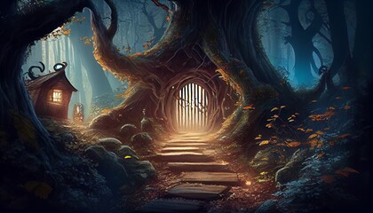 The Depth of the Magical Mystical Forest Ancient Giant Trees and Plants The Light Penetrating Through Them and the Secret Path Digital Illustration