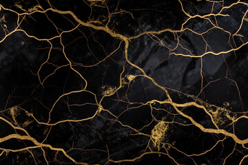 Black marble with golden veins, seamless pattern, background, ai generative