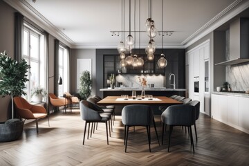 spacious dining room with elegant furniture and decor. Generative AI