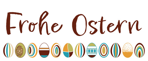 Frohe Ostern - Schriftzug in deutscher Sprache. Grußkarte mit einem Set von bunten Ostereiern im Retro-Stil.