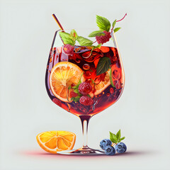 Traditional spanish fruity red wine sangria gourmet cocktail drink on white background, copy space for text. Red summer cocktail with berries and orange in a wine glass. Generative ai