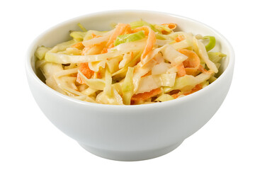 Coleslaw in a white ceramic bowl isolated.