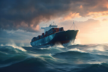 Cargo tanker with containers at sea during storm. Generative AI