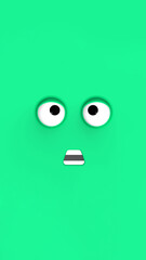 Green face of cute character. Cute face. stupid face. emotion surprise. Vertical image. Surprised face. 3D image. 3D rendering.