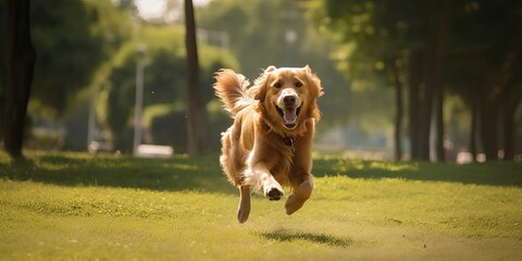 Dog Running through a Sunny Park in the Afternoon