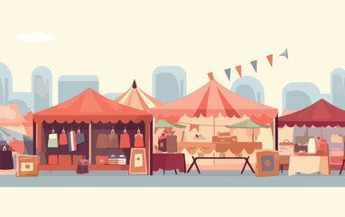 Flea market or second hand store. Reusable clothes and sustainable living concept. Flat vector illustration. Generative AI