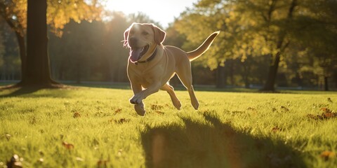 Dog Running through a Sunny Park in the Afternoon