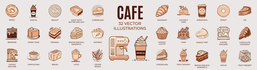 Naklejka premium Cafe set hand drawn vector illustration. Coffee, cake, sandwich, donut, latte, tiramisu, toast, fruit dessert, mocha, coffee machine, breakfast, cappuccino, engraved style, sketch isolated on white.