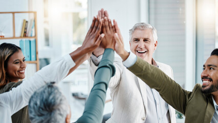 Teamwork, high five and hands of business people in office for motivation, support and success celebration. Collaboration, team building and men and women connect for diversity, goals and partnership