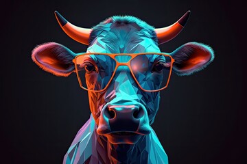 cow wearing sunglasses on a solid color background, vector art, digital art, faceted, minimal, abstract. Generative AI.