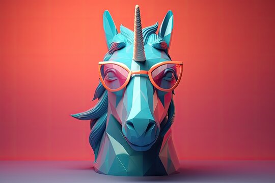 unicorn wearing sunglasses on a solid color background, vector art, digital art, faceted, minimal, abstract. Generative AI.