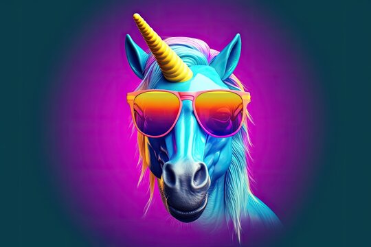 unicorn wearing sunglasses on a solid color background, vector art, digital art, faceted, minimal, abstract. Generative AI.