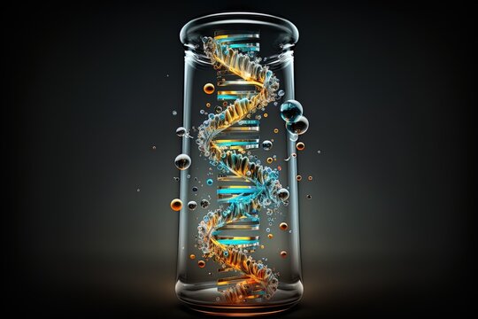 The structure of the DNA molecule. Human genome as an idea. gene-modified dna or cDNA. DNA molecule in a liquid-filled test tube, conceptual drawing. Illustration of Medical Devices Generative AI