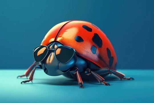 coccinellidae wearing sunglasses on a solid color background, vector art, digital art, faceted, minimal, abstract. Generative AI.
