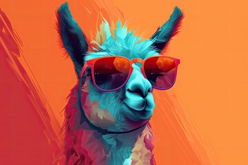 llama wearing sunglasses on a solid color background, vector art, digital art, faceted, minimal, abstract. Generative AI.
