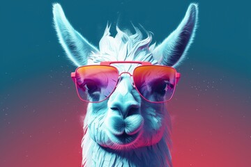 llama wearing sunglasses on a solid color background, vector art, digital art, faceted, minimal, abstract. Generative AI.