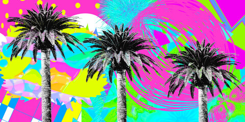 Contemporary digital collage art. Modern trippy design. Palm and abstract creative background