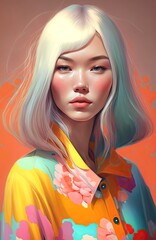 Abstract fashion illustration of an attractive asian young woman with ash blonde hair. Generative AI.