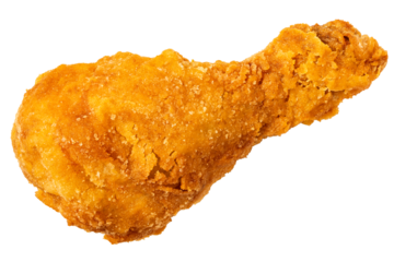 Crispy fried chicken drumstick isolated from above.