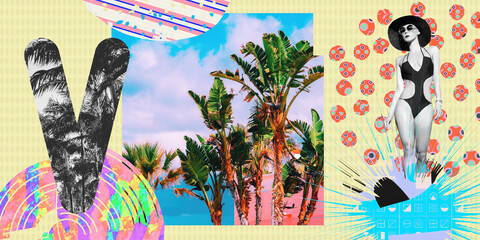 Contemporary digital collage art. Fashion beach retro lady, Summer, vacation concept