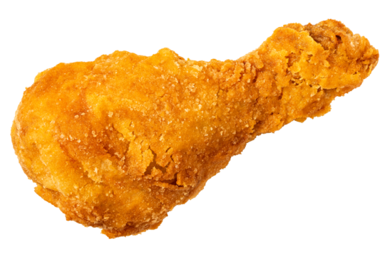 Crispy fried chicken drumstick isolated from above.