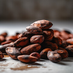 Fototapeta premium A pile of luscious cocoa beans, each one perfectly roasted and ready to be ground into delicious chocolate. (photo of cocoa beans on a light background