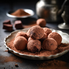Rich and indulgent chocolate truffles, dusted with cocoa powder and presented on a sleek white plate.
