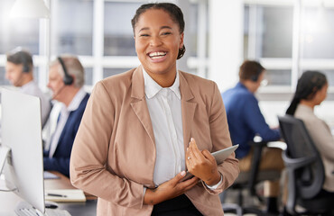 Call center, black woman laugh and office team with collaboration and manager with a smile. Tablet,...