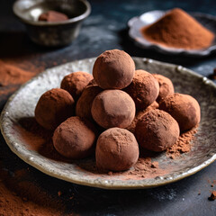 Rich and indulgent chocolate truffles, dusted with cocoa powder and presented on a sleek white plate.