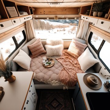 Interior of a camper van, motorhome. generative ai