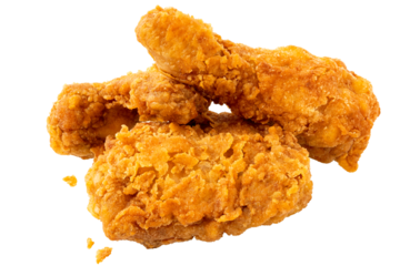 Crispy fried chicken pieces, drumstick, wing and thigh, isolated.