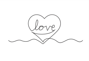 Continuous one single line drawing of heart with with inscription "love" inside.