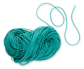 Plastic Garden ribbon for tying and securing plants, vegetable garden work. Rubber Bundle String for pruned of vineyard or fruit tree, top view isolated on white background