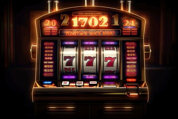 Realistic one arm bandit, win, 777, jackpot slot machine, casino, black background. ai generated.