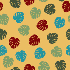 seamless pattern with Monstera leaves of different colors. Floral print. Pattern for background, packaging, decor, wallpaper, textile.
