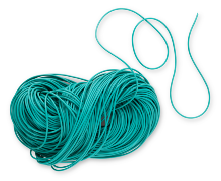 Plastic Garden ribbon for tying and securing plants, vegetable garden work. Rubber Bundle String for pruned of vineyard or fruit tree, top view isolated on white background